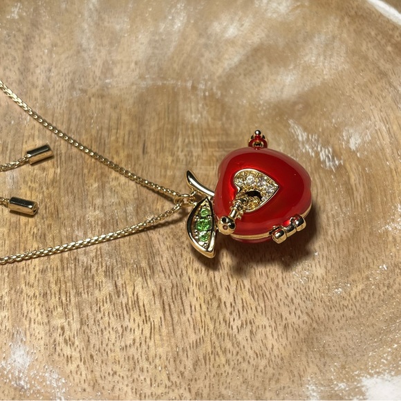 Betsey Johnson Gold Tone Back To School Red Apple Worm Locket Pendant Necklace - Picture 5 of 16